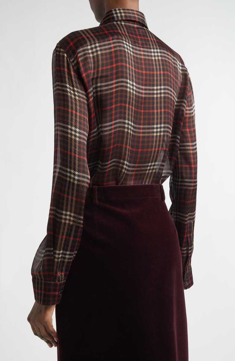 Saint Laurent Plaid Silk Crepe Tie Neck Button-Up Shirt, Alternate, color, Marron/ Craie/ Rouge
