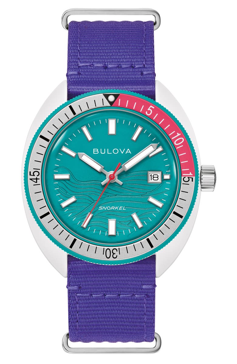 BULOVA Snorkel #Tide Ocean Material<sup>®</sup> NATO Strap Watch, 41mm, Main, color, Purple