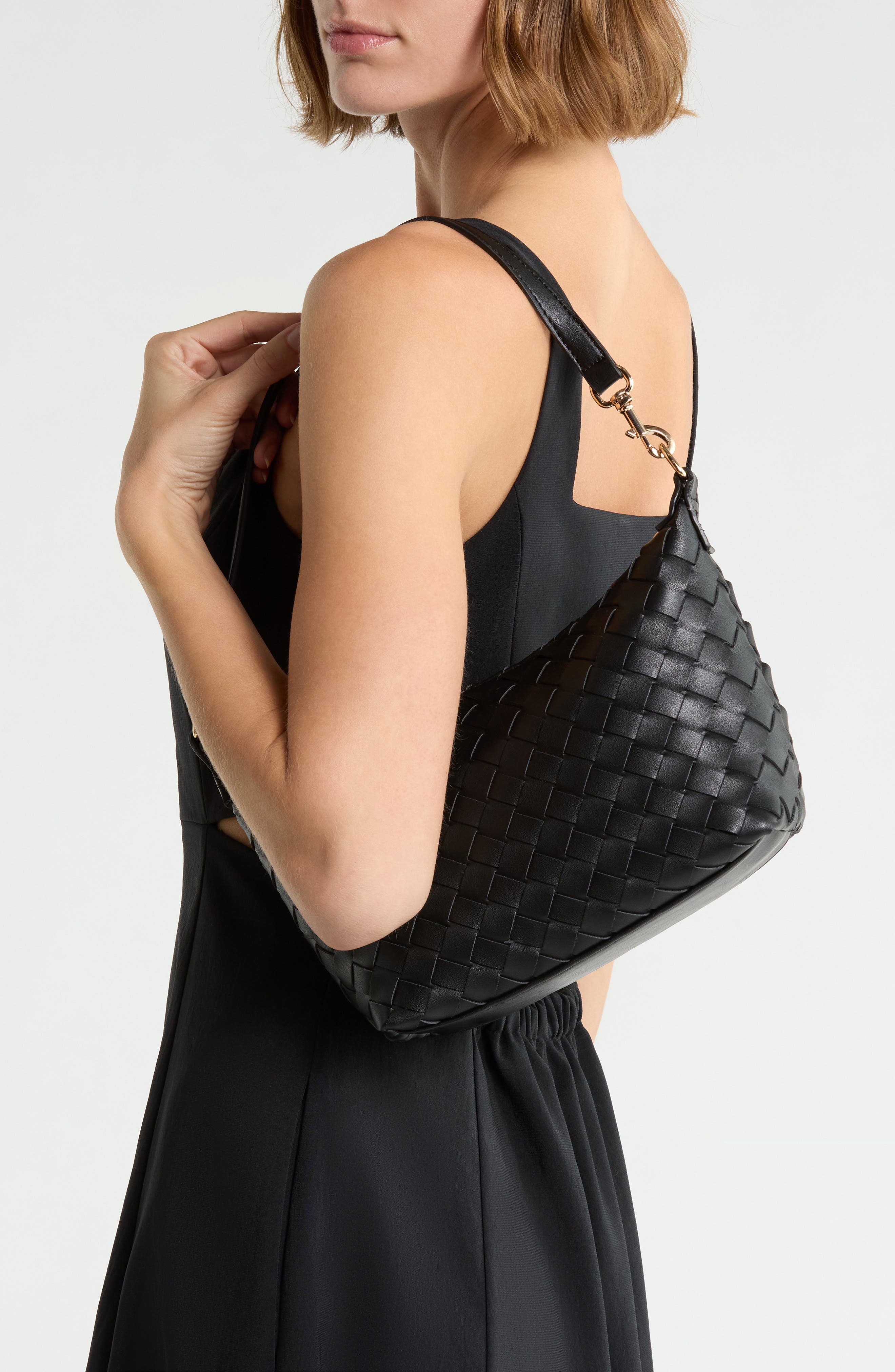 Faux Leather Woven Shoulder Bag, Alternate, color, BLACK