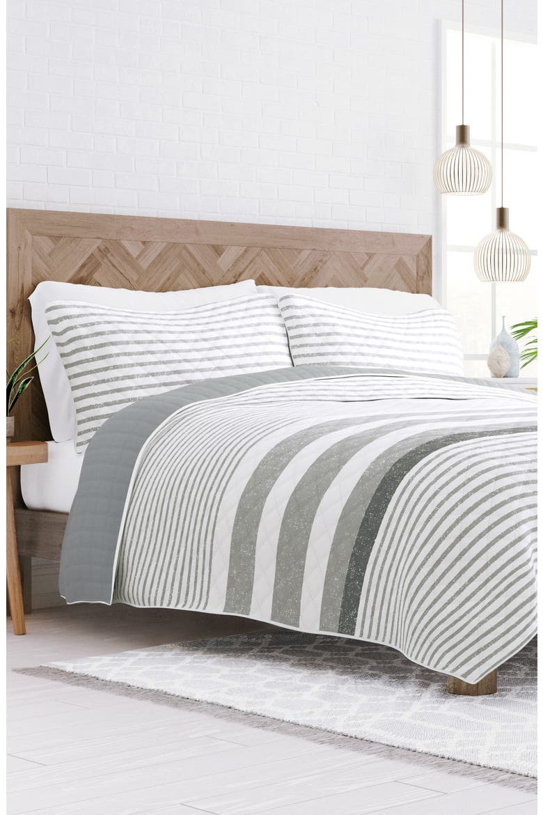 All Season Gray Stripe 3-Piece Down Alternative Reversible Quilt Set, Alternate, color, LIGHT GRAY