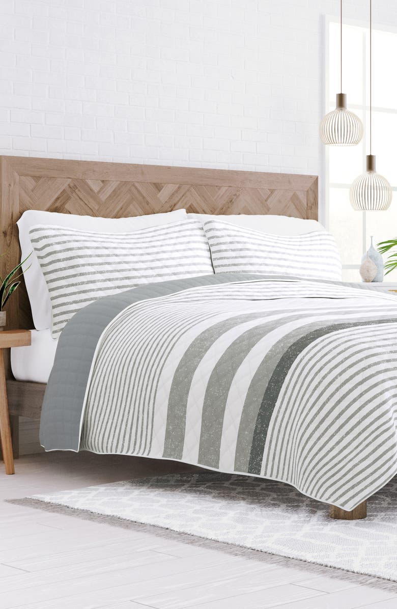 HOMESPUN All Season Gray Stripe 3-Piece Down Alternative Reversible Quilt Set, Alternate, color, Light Gray