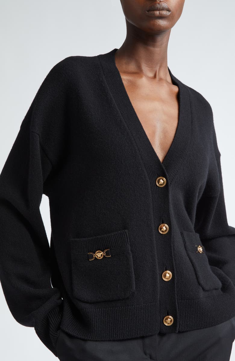 Versace Medusa Detail Wool & Cashmere Cardigan, Alternate, color,