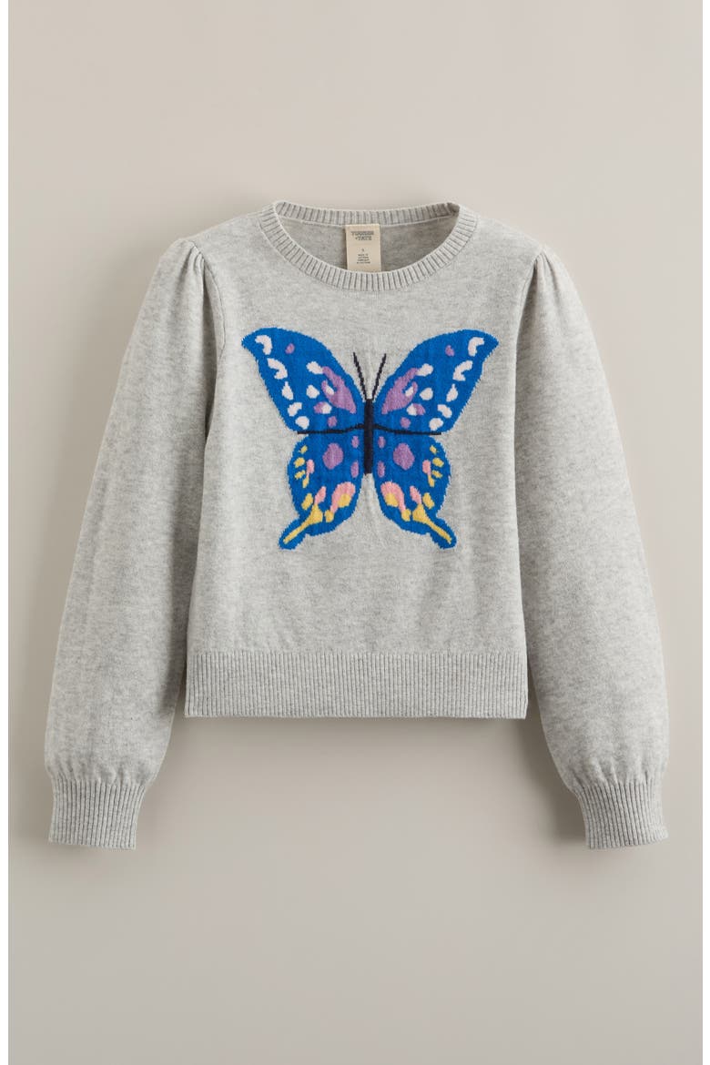 Kids' Icon Intarsia Puff Shoulder Cotton Blend Sweater, Main, color, GREY LIGHT HEATHER BUTTERFLY