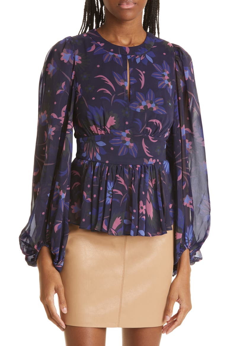 Stephanie Floral Print Keyhole Detail Blouse, Main, color, NAVY