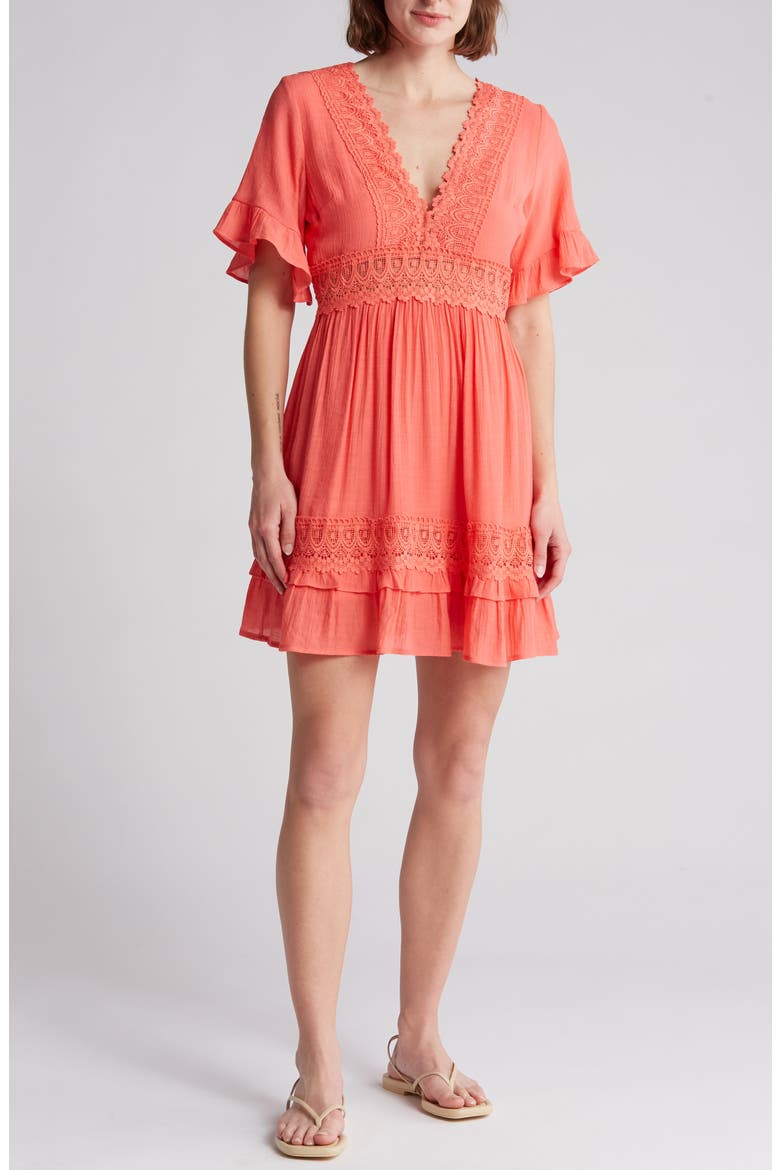Lace Insert Tie Back Dress, Main, color, CORAL