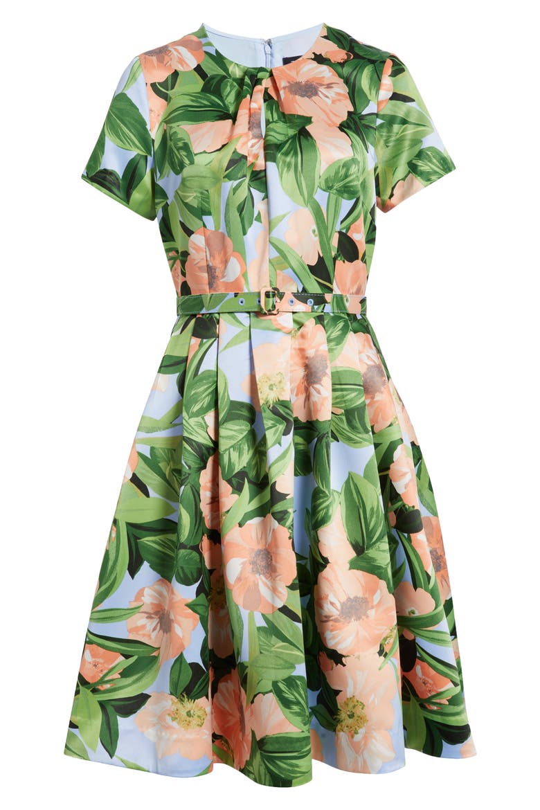 Pleat Neck Belted Fit & Flare Dress, Alternate, color, PEACH MAGNOLIA
