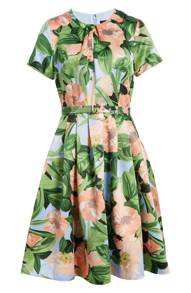 Tahari ASL Pleat Neck Belted Fit & Flare Dress, Alternate, color, 