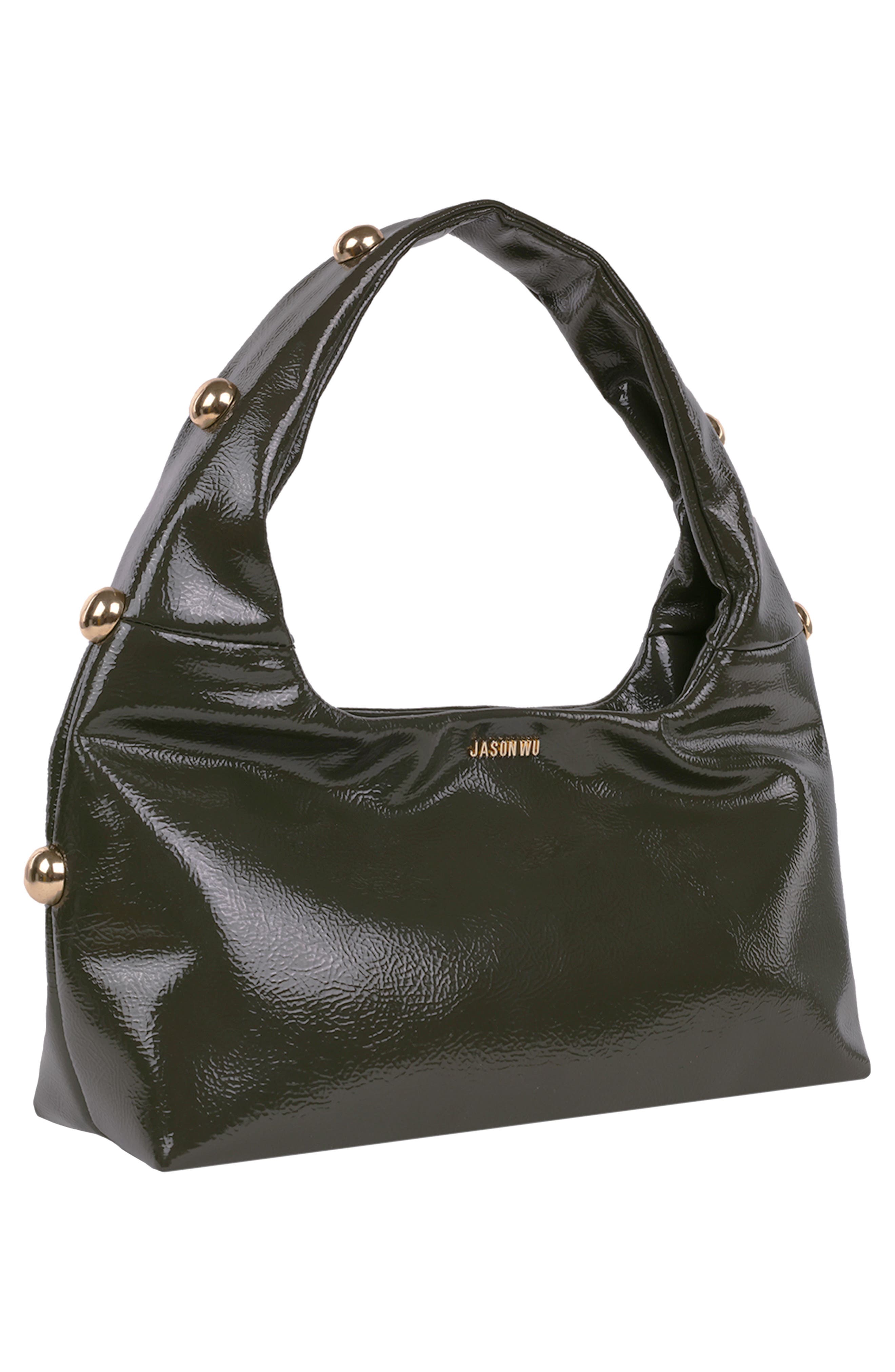 JASON WU Studded Patent Shoulder Bag, Alternate, color, Olive