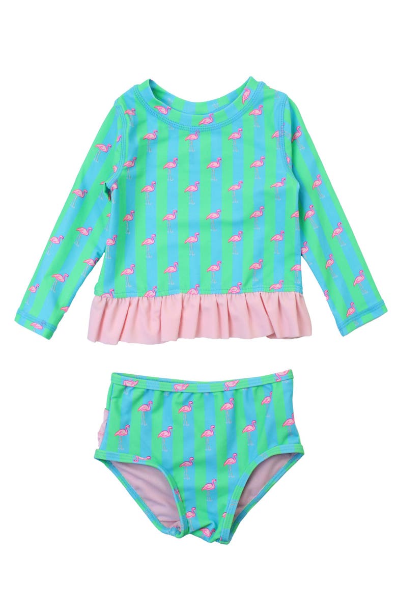 RuffleButts Toddler Girls UPF50+ Long Sleeve Rash Guard Bikini, Main, color, Neon Flamingo Stripe