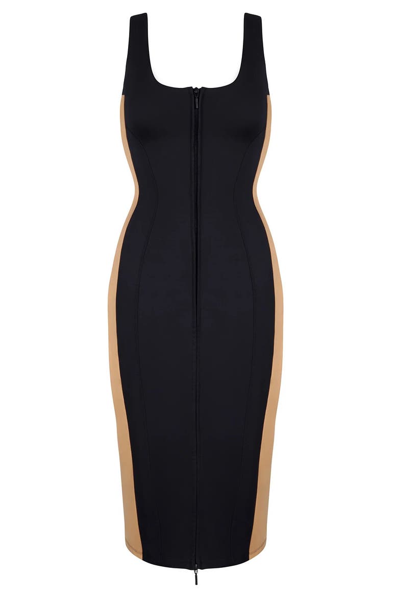 Mega Sculpting Scoop Neck Zip Front Midi Dress, Alternate, color, Contour Black/Sand
