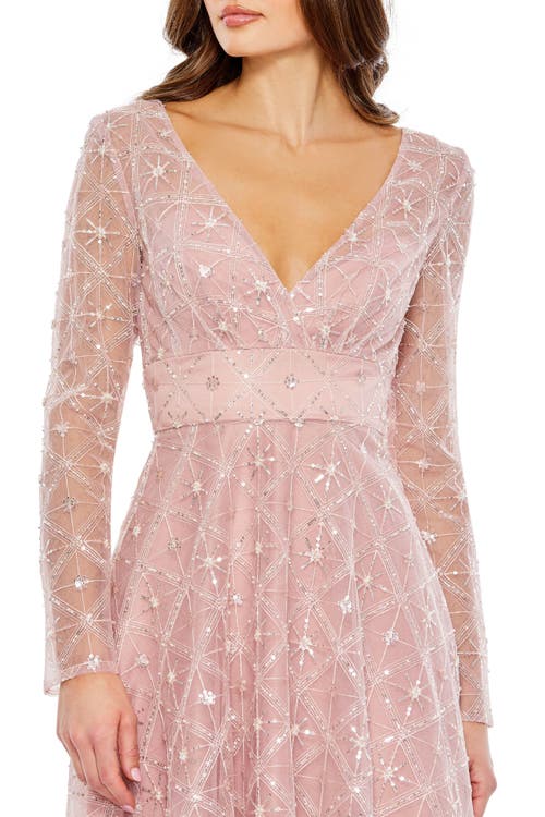 Mac Duggal Embellished Illusion Long Sleeve Dress In Rose