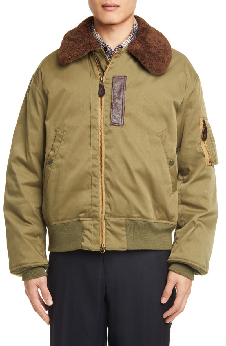 BEAMS Plus B-15 Down & Feather Fill Jacket with Genuine Shearling Collar, Alternate, color, 