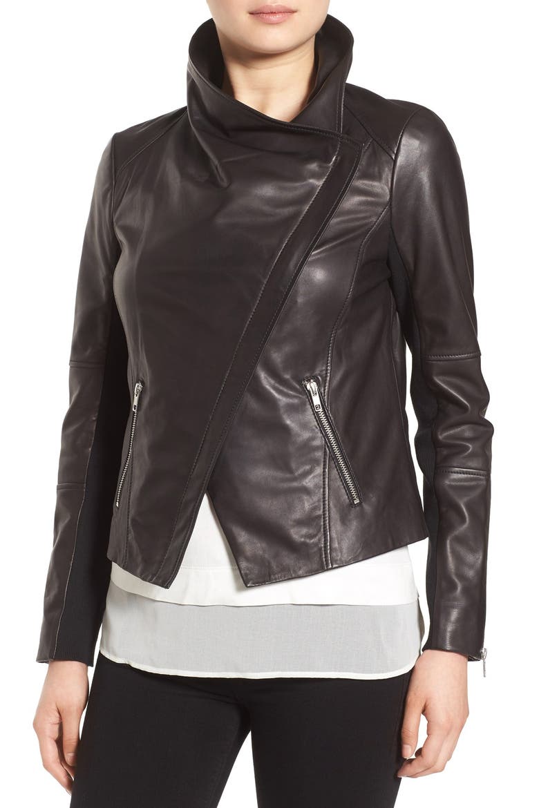 Drape Front Leather Jacket, Alternate, color, BLACK