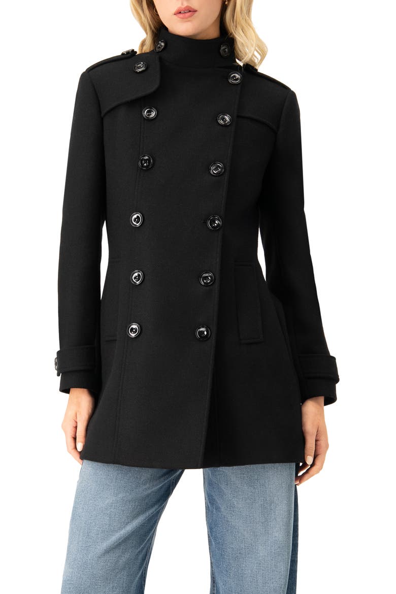 Double-Breasted Wool-Blend Officer Coat, Main, color, Black