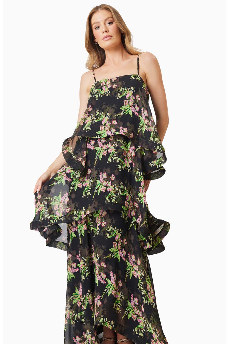 Ula Floral Tiered Georgette Gown, Alternate, color, BLACK MULTI