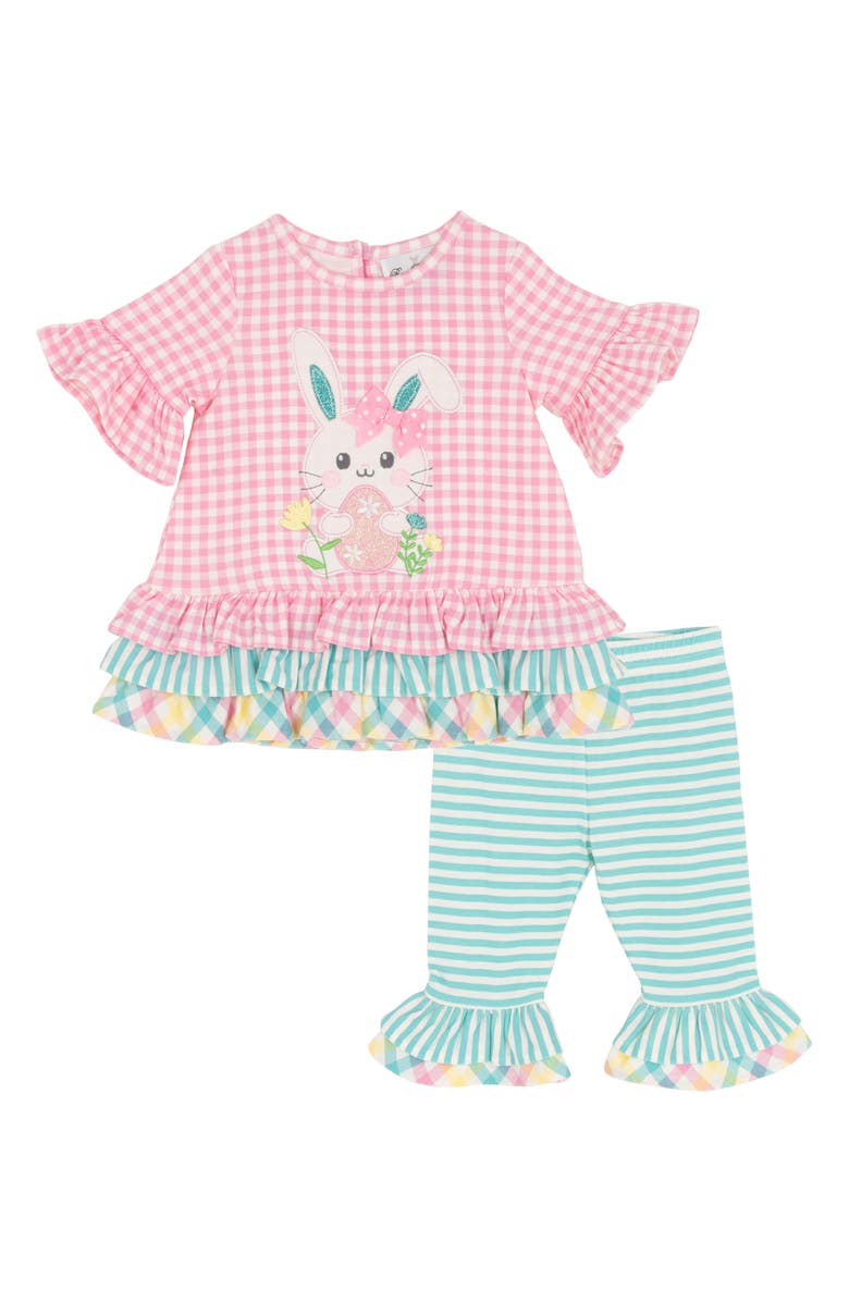 Rare Editions Bunny Appliqué Ruffle Top & Leggings Set, Main, color, Pink