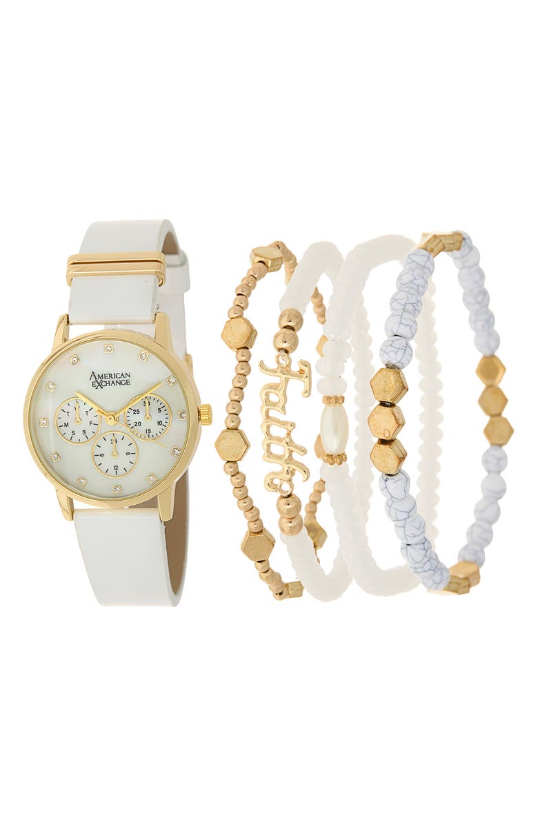 AMERICAN EXCHANGE Faux Leather Strap Watch, 31mm, Main, color,