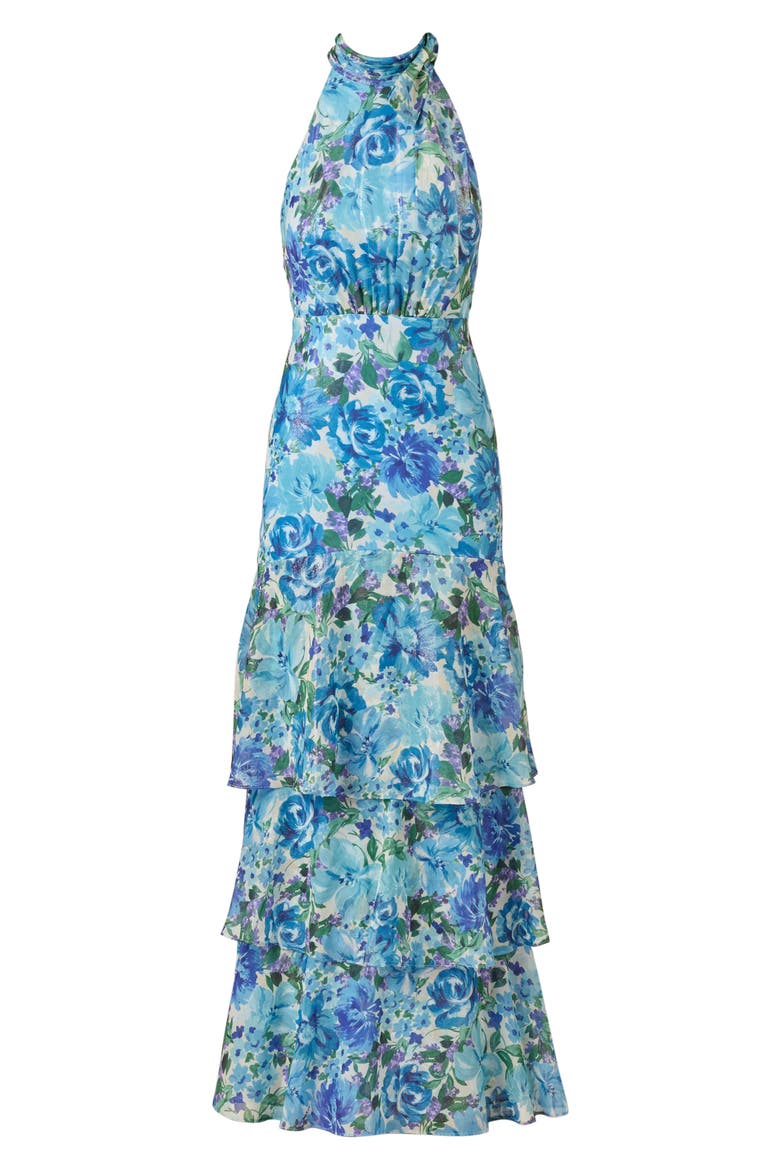 Metallic Floral Tiered Chiffon Gown, Alternate, color, BLUE MULTI