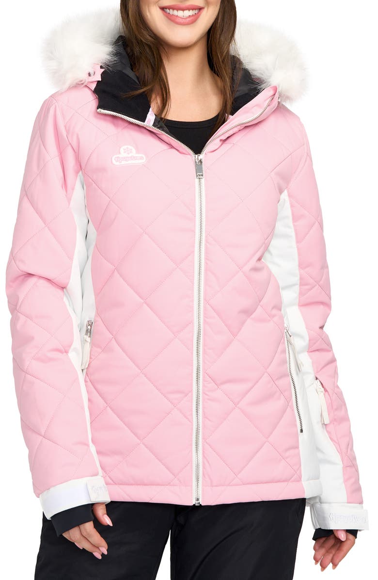 TIPSY ELVES Powder Pink Faux Fur Trim Waterproof Quilted Ski Jacket, Main, color, 