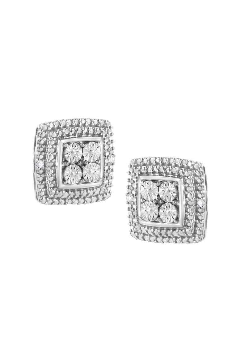 Silver Diamond Accented Square Shaped Milgrain Stud Earrings, Alternate, color, White
