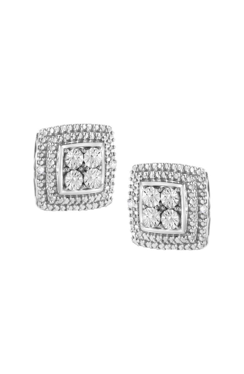 Haus of Brilliance Silver Diamond Accented Square Shaped Milgrain Stud Earrings, Alternate, color, White