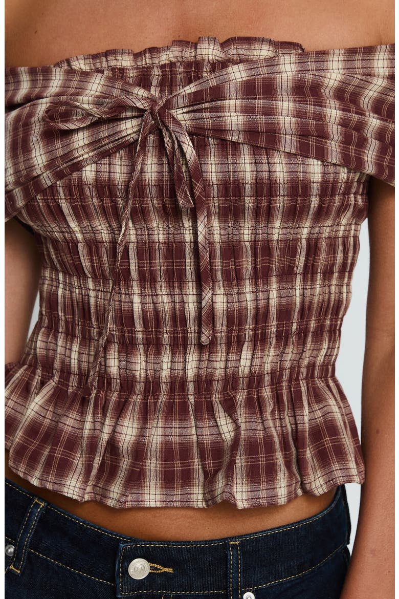 Avalynn Check Smocked Off the Shoulder Top, Alternate, color, BROWN CHECK
