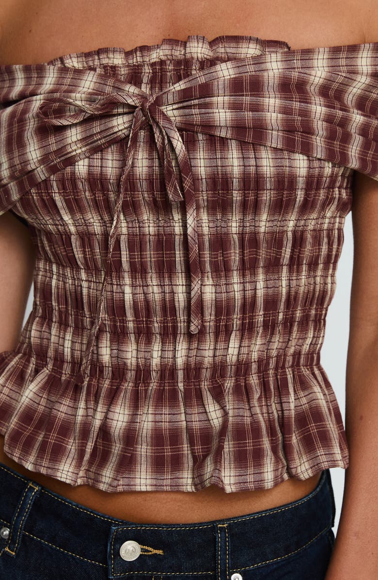 Princess Polly Avalynn Check Smocked Off the Shoulder Top, Alternate, color, Brown Check