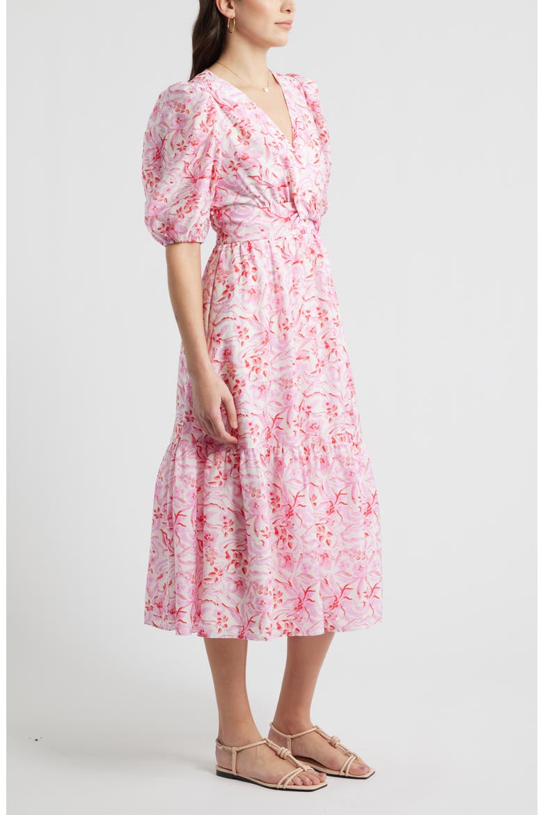 Twist Detail Allover Print Midi Dress, Alternate, color, IVORY/ PINK DAISY GARDEN