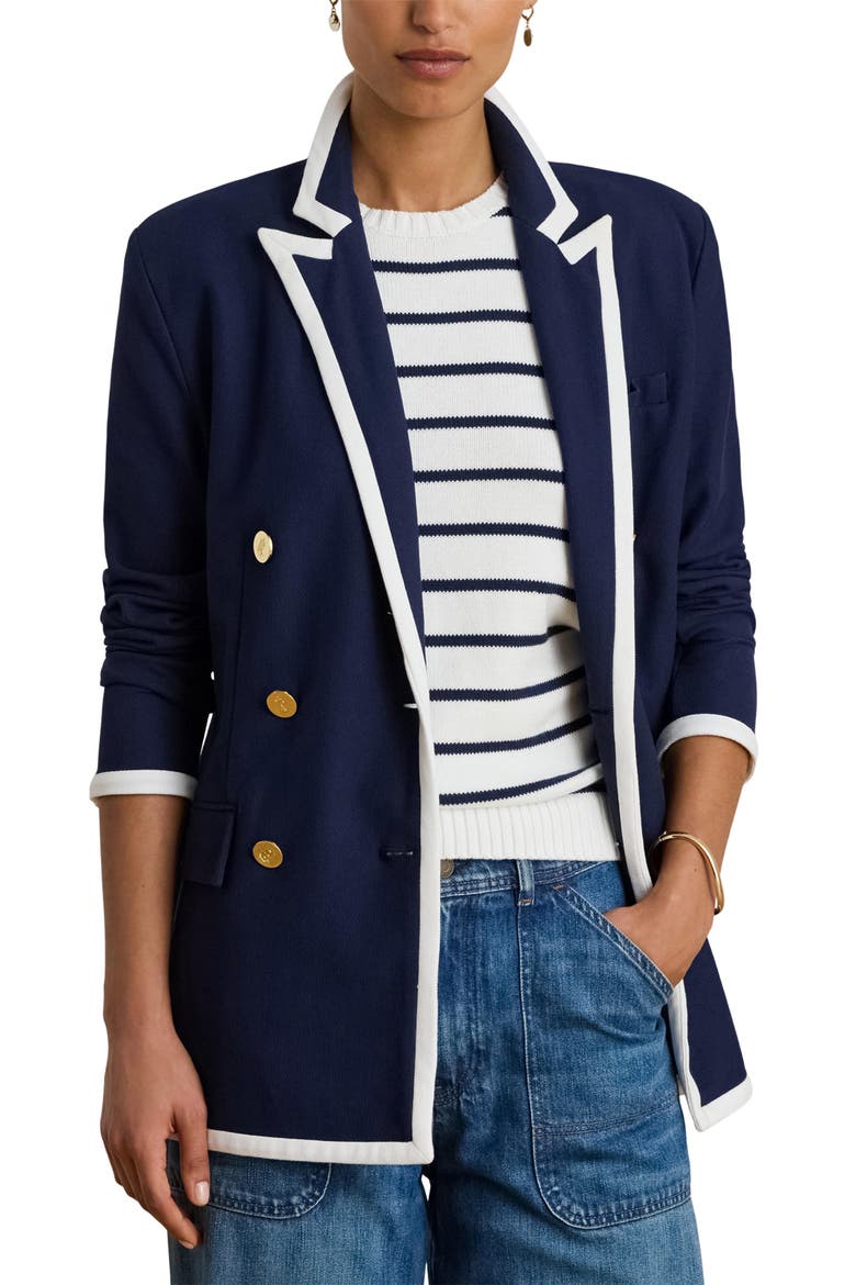 Tahir Double Breasted Piqué Knit Blazer, Main, color, REFINED NAVY BLUE