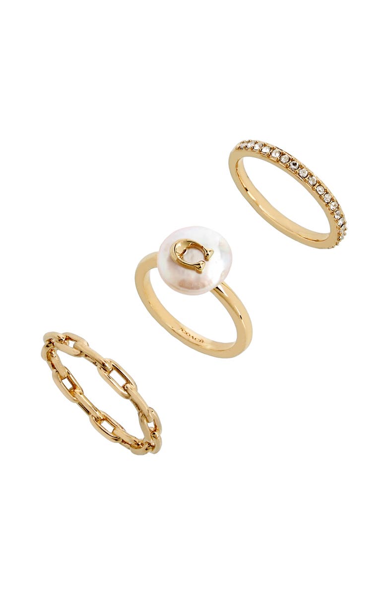 COACH Set of 3 Logo Pearl, Crystal & Chain Rings, Alternate, color, 
