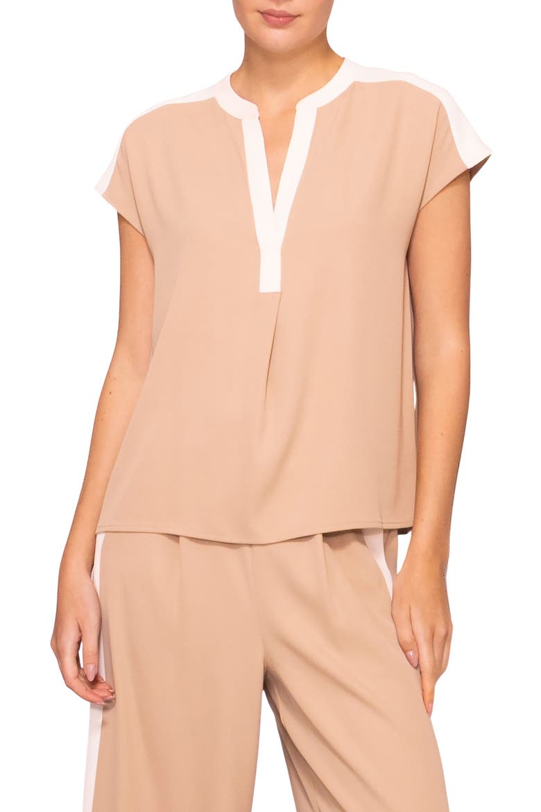 Split Neck Cap Sleeve Contrast Trim Top, Main, color, LIGHT KHAKI/ BONE