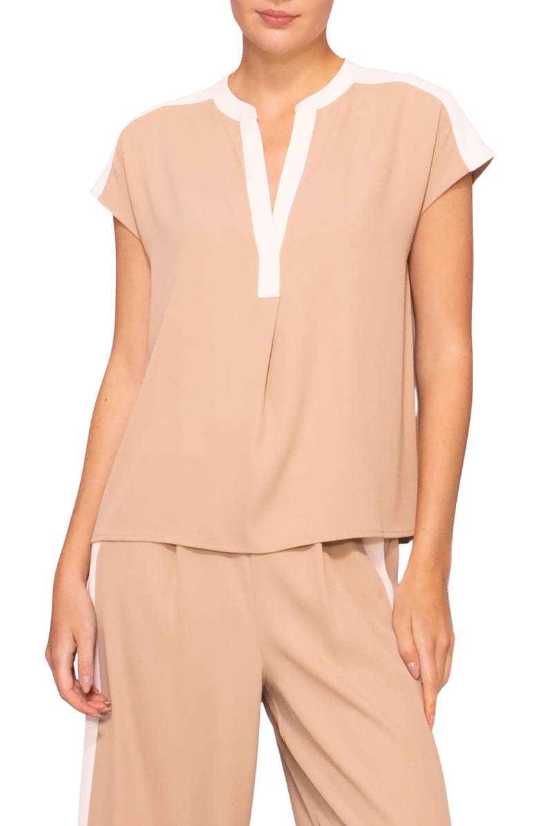 MELLODAY Split Neck Cap Sleeve Contrast Trim Top, Main, color, Light Khaki/ Bone