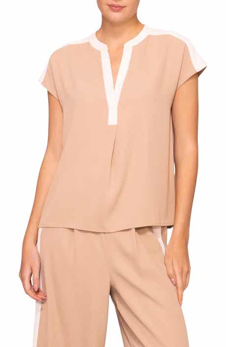MELLODAY Split Neck Cap Sleeve Contrast Trim Top