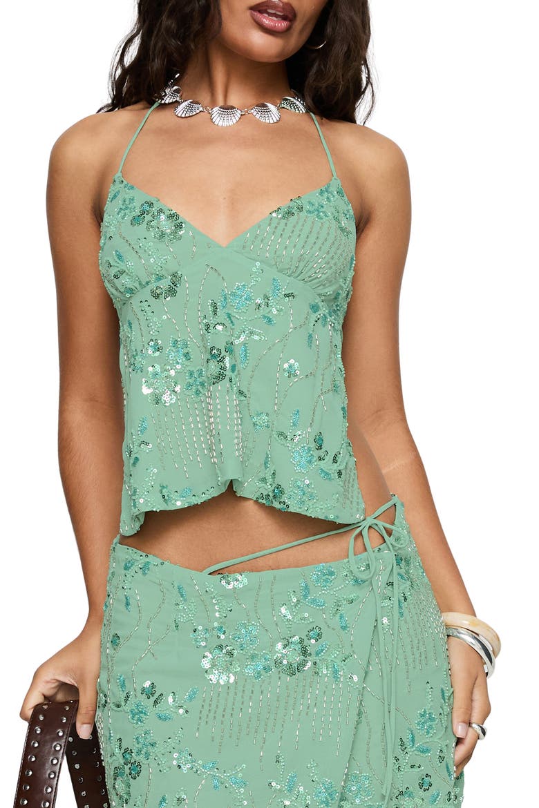 What a Coincidence Sequin Beaded Open Back Halter Top, Main, color, TEAL