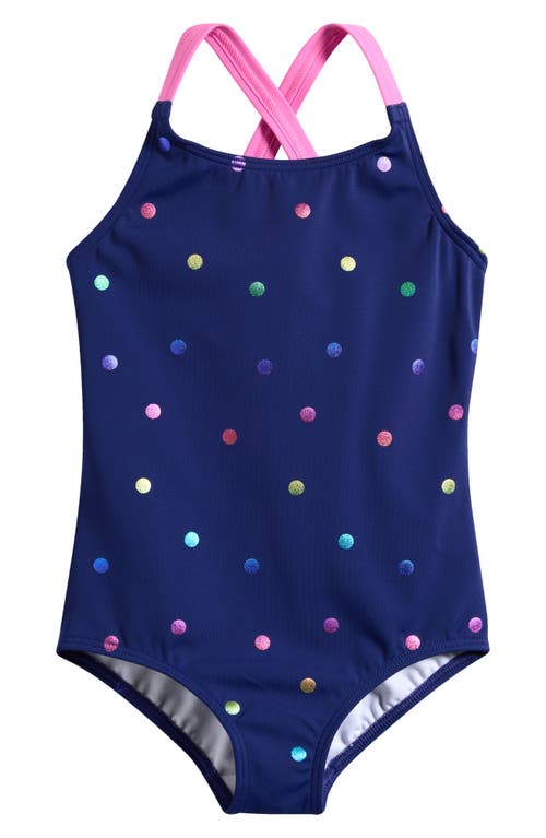Shop Mini Boden Kids' Polka Dot Crisscross Strap One-piece Swimsuit In Navy Rainbow Confetti Spot