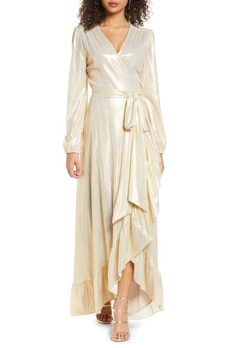 Meryl Long Sleeve Wrap High-Low Cocktail Dress, Main, color, CHAMPAGNE