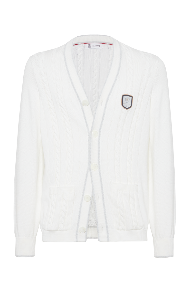 Brunello Cucinelli Cotton cable knit cardigan with tennis badge, Main, color, 