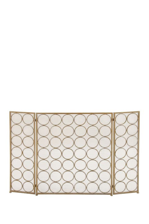 Brasstone Metal Foldable Mesh Netting 3-Panel Geometric Fireplace Screen with Circle Pattern