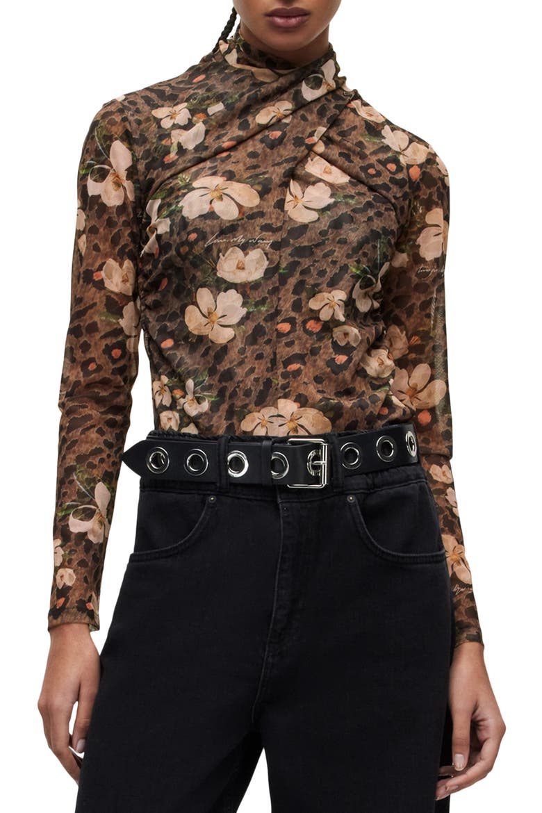 Tia Alessandra Floral Print Turtleneck Top, Main, color, ANIMAL BROWN