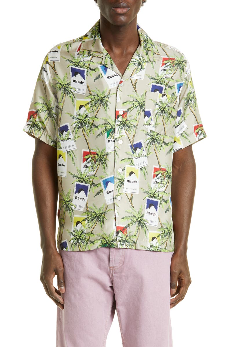 Rhude Palm Tree & Cigarette Print Silk Button-Up Camp Shirt, Main, color, 