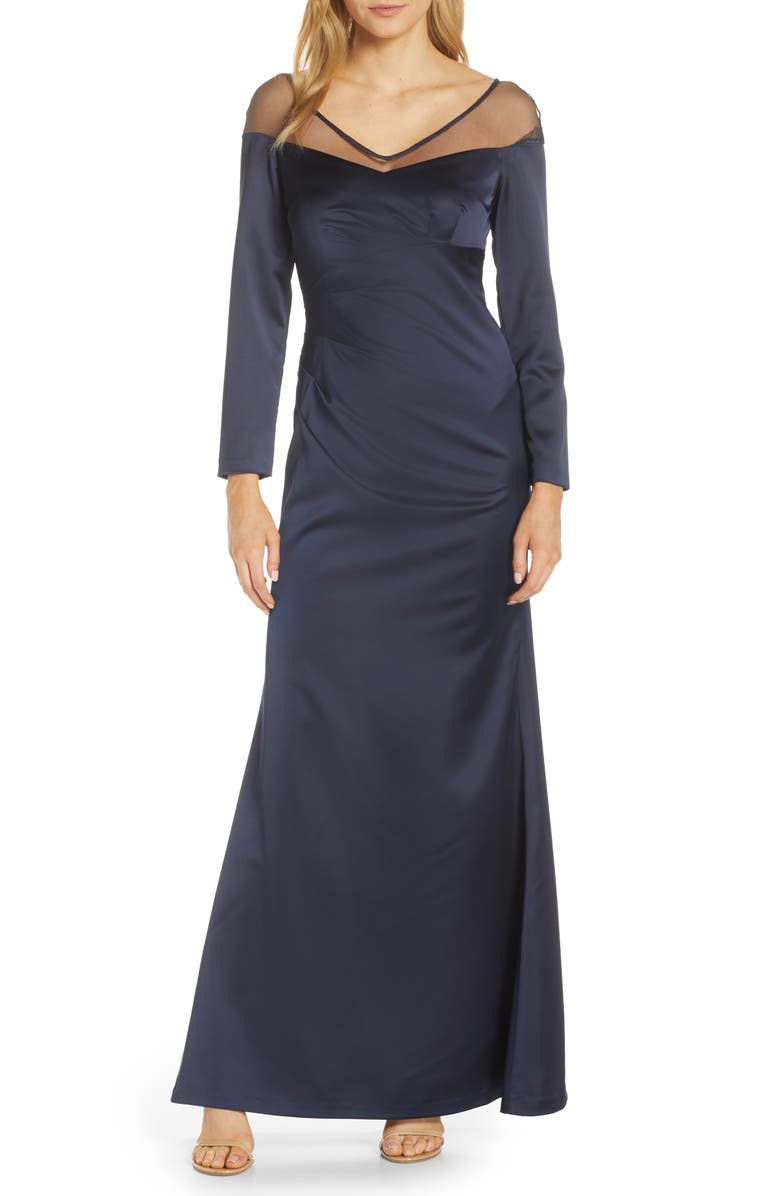 Adrianna Papell Long Sleeve Illusion Off the Shoulder Satin Gown, Main, color,