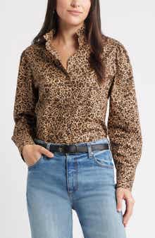 Caslon® Ruffle Puff Sleeve Cotton Button-Up Shirt