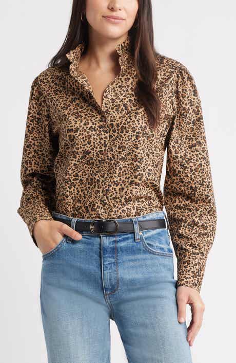 Caslon® Ruffle Puff Sleeve Cotton Button-Up Shirt