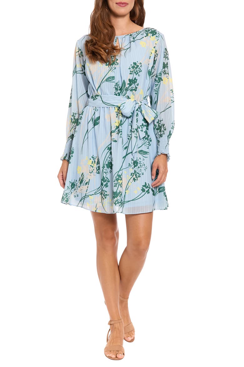Floral Long Sleeve Keyhole Fit & Flare Dress, Main, color, LIGHT BLUE DAWN/ GREEN