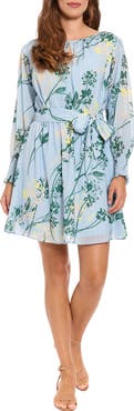 London Times Floral Long Sleeve Keyhole Fit & Flare Dress