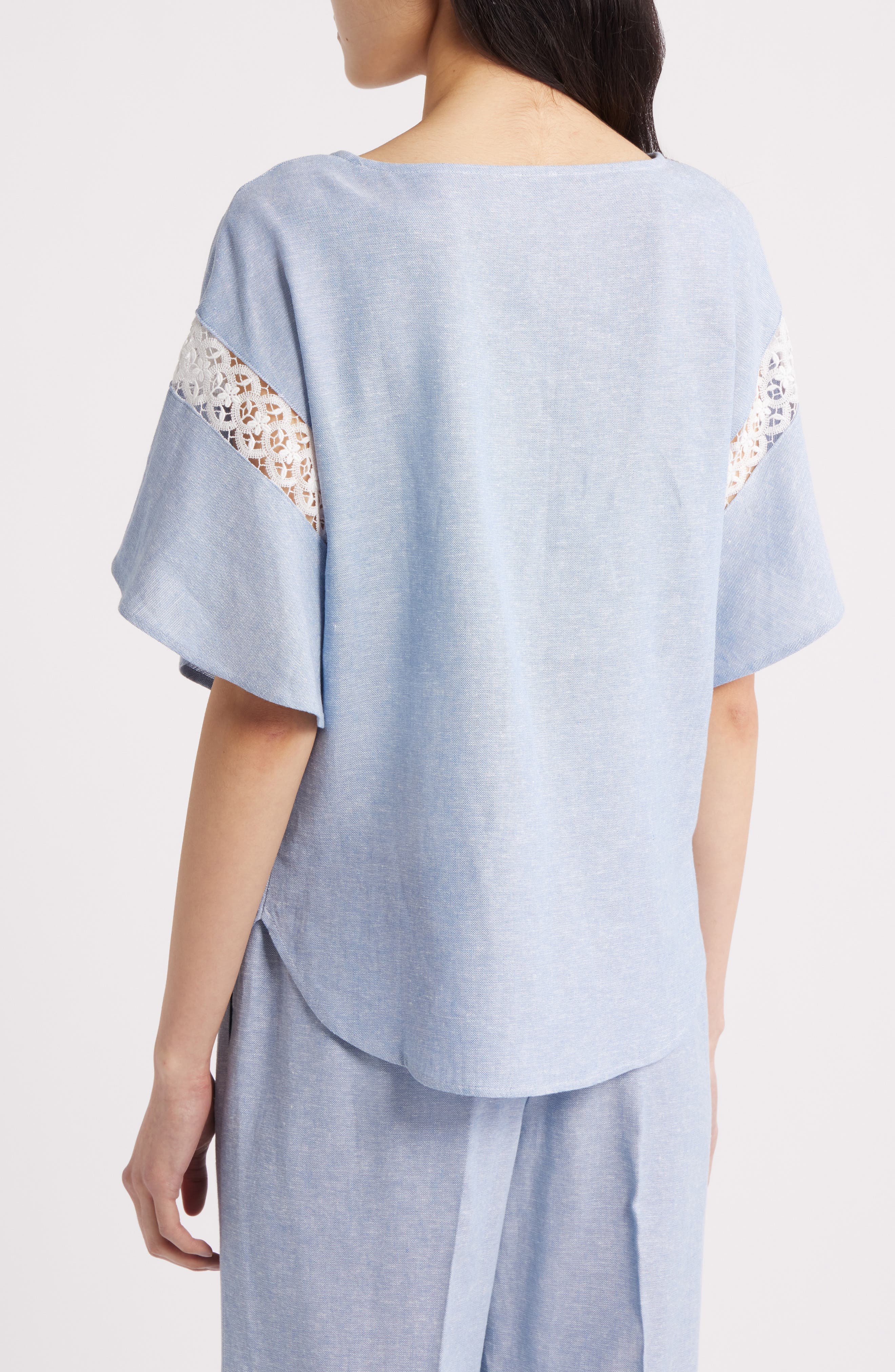 Lace Trim Flutter Sleeve Linen Blend Top - image 2