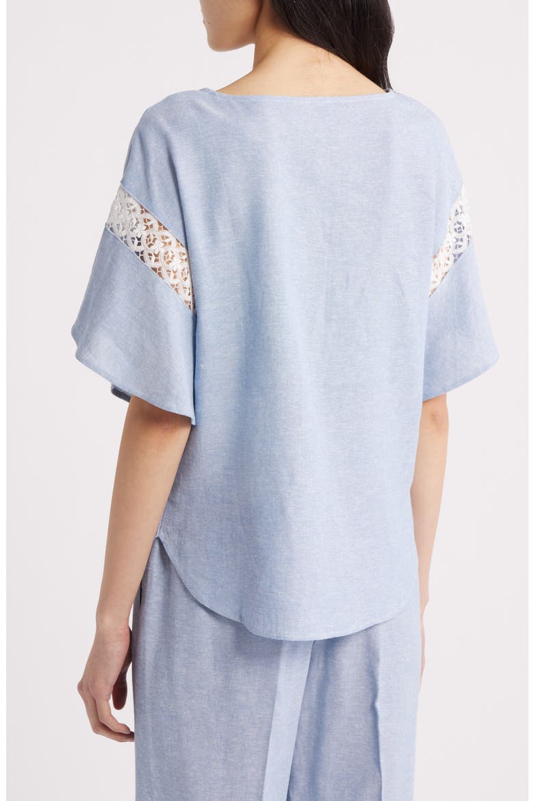 Lace Trim Flutter Sleeve Linen Blend Top, Alternate, color, LAGOON/ CRISP WHITE