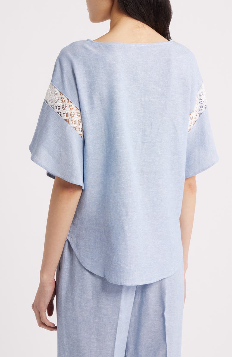 Anne Klein Lace Trim Flutter Sleeve Linen Blend Top, Alternate, color, Lagoon/ Crisp White