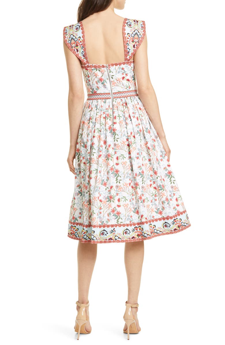 Alice + Olivia Portia Floral Sweetheart Neck Stretch Cotton Midi Dress, Alternate, color, 