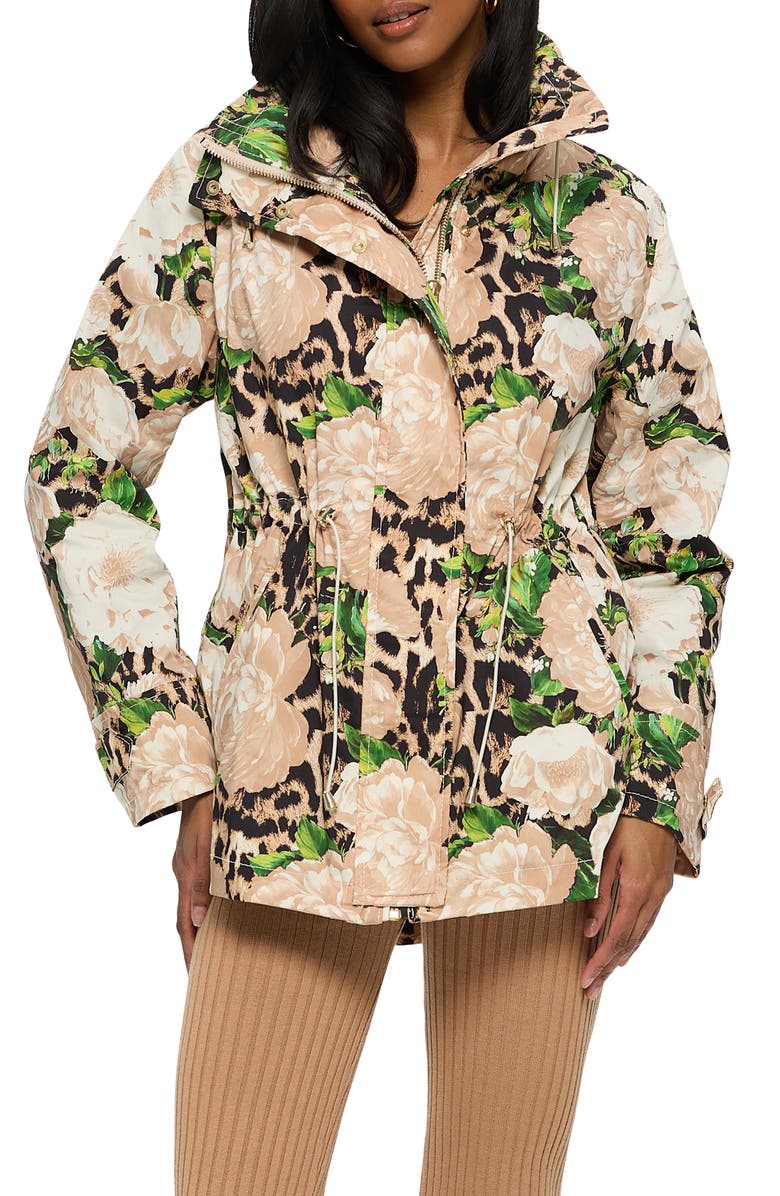 GORSKI Lightweight Floral Printed Jacket With Concealed Hood, Main, color, Beige Floral Lprd/Beige
